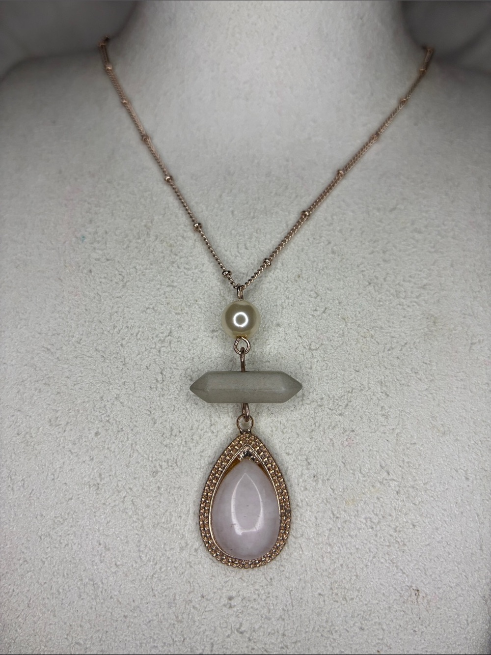 Rose Quartz Teardrop Pendant Necklace withPearl Accent rose gold ball chain